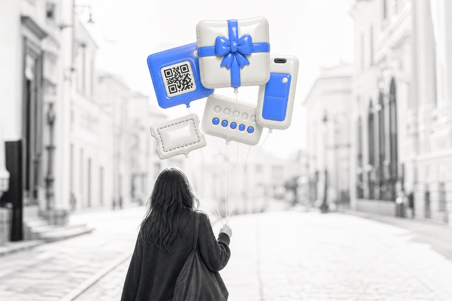 Kobieta idzie ulicą z balonami w kształcie vouchera z kodem QR, karty z pieczątkami i prezentu