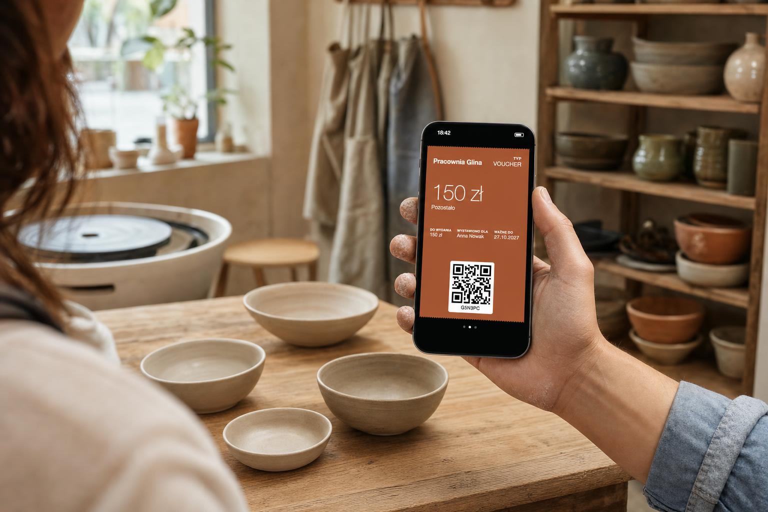 Uczestniczka warsztatów ceramiki pokazuje voucher w telefonie