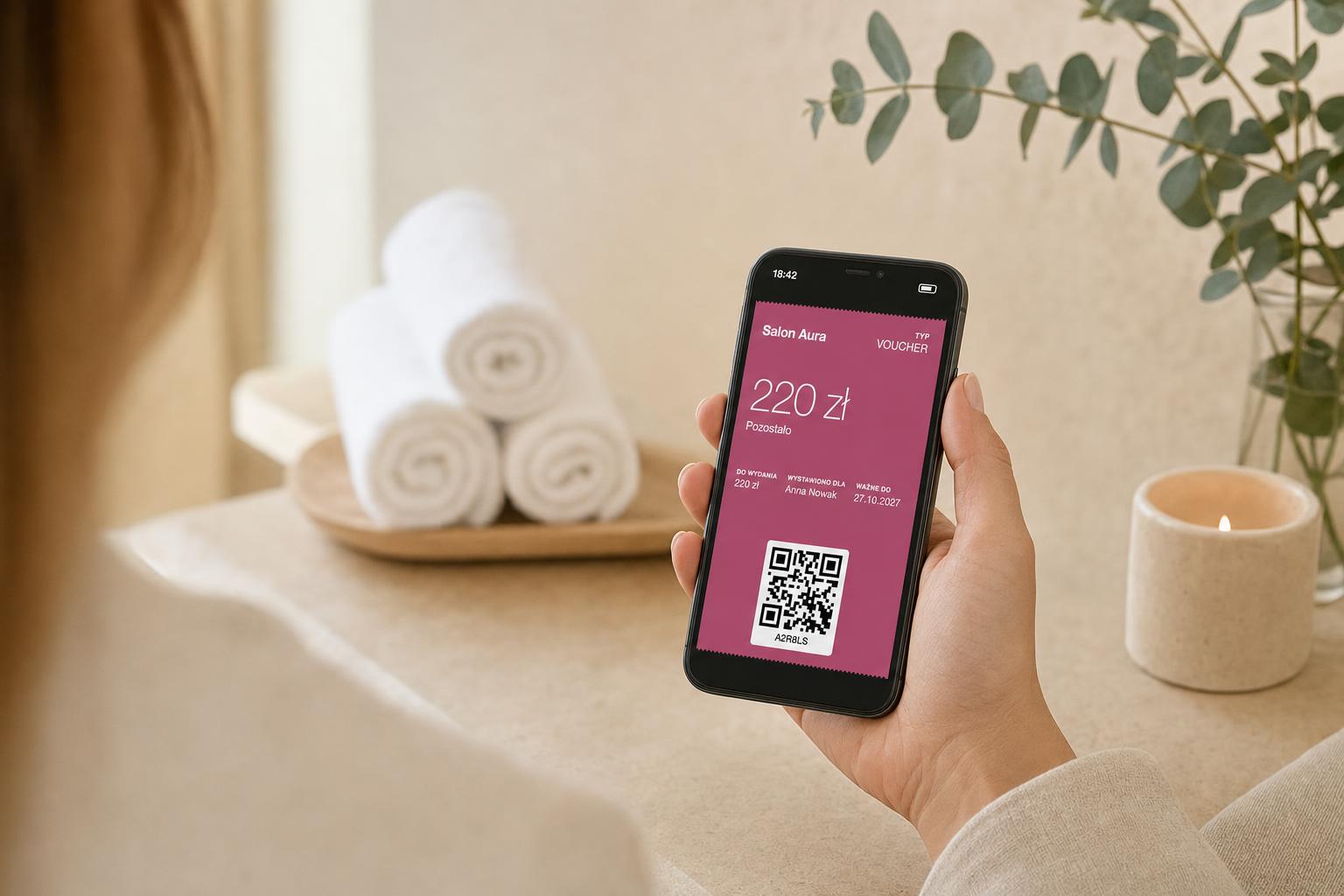 Klientka pokazuje w recepcji SPA voucher w telefonie